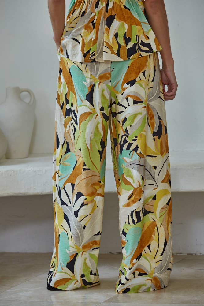 L9627B | Woven Rayon Nylon Print Detail Wide Leg Pants