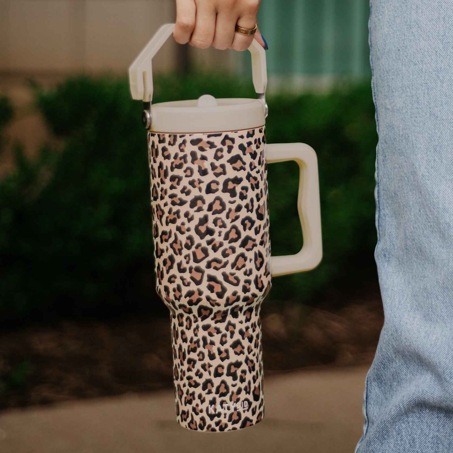 Brown Leopard Metal Tumbler with Lid Handle