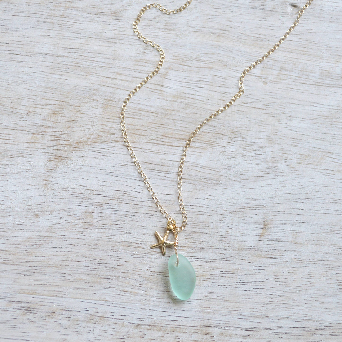 Tiny Frosted Glass & Starfish Necklace in Gold