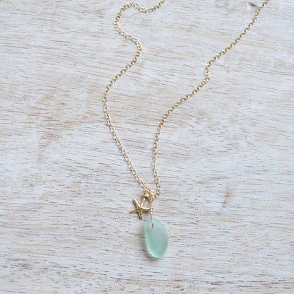 Tiny Frosted Glass & Starfish Necklace in Gold