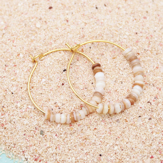 Beach Days White Bead Gold Hoop Earrings