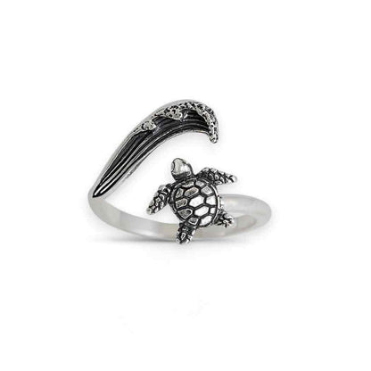 Sterling Silver or Bronze Sea Turtle & Wave Adjustable Ring