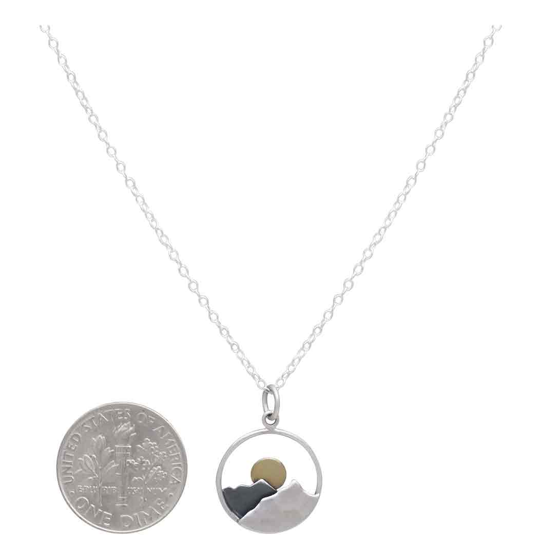 Sterling Silver Mountain Necklace with Bronze Sun