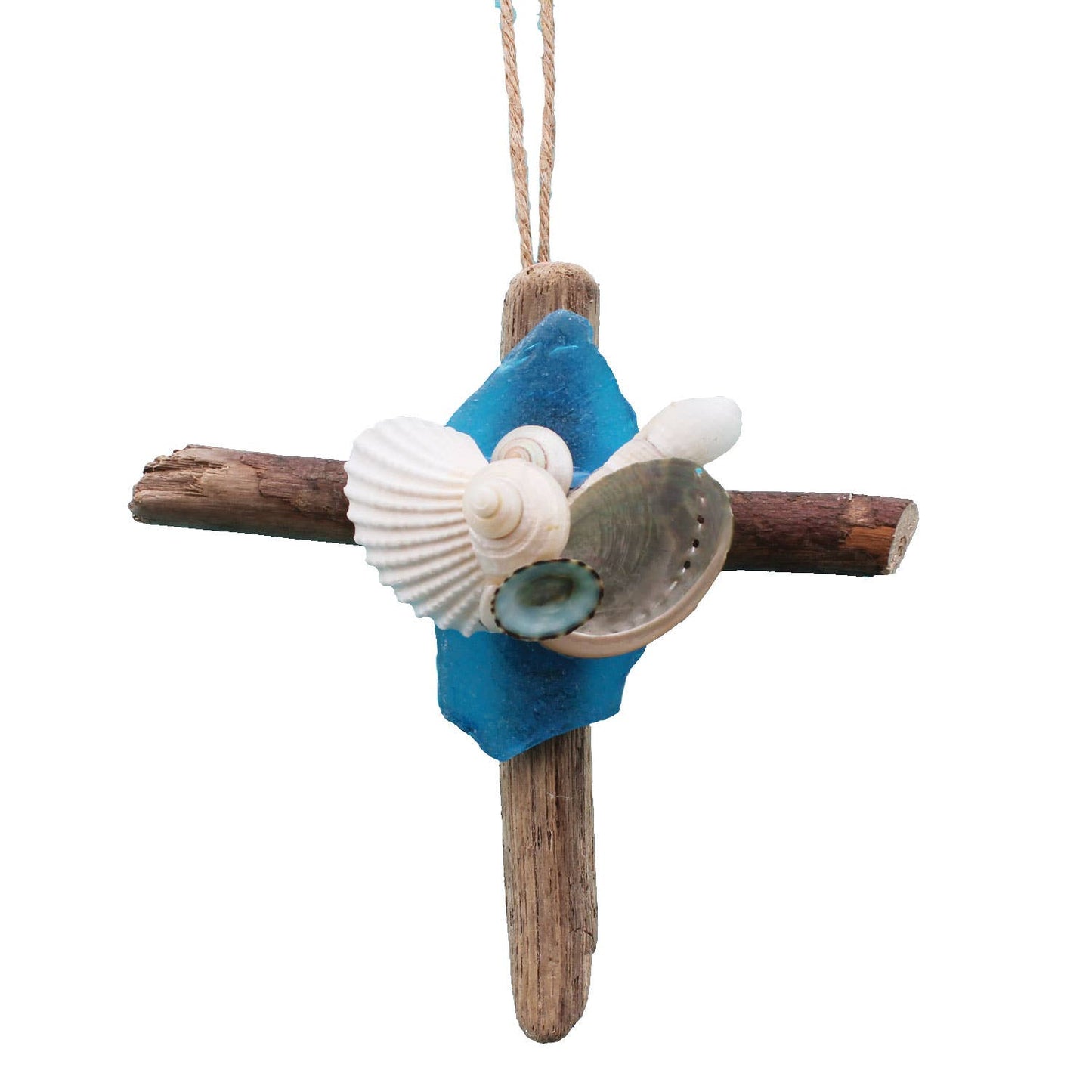 Driftwood Cross Ornament with Sea Glass
