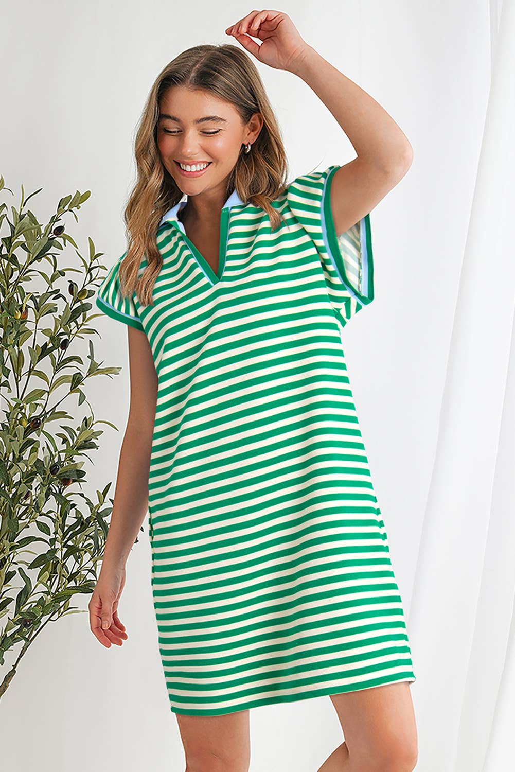Contrast Striped Ruffle Short Sleeve Dress | S-XL Plus 1X-4X