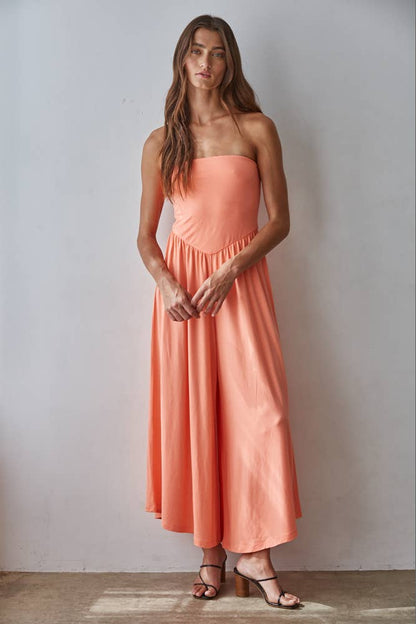 L9333 | Knit Polyester Spandex Tube Strapless Flare Jumpsuit