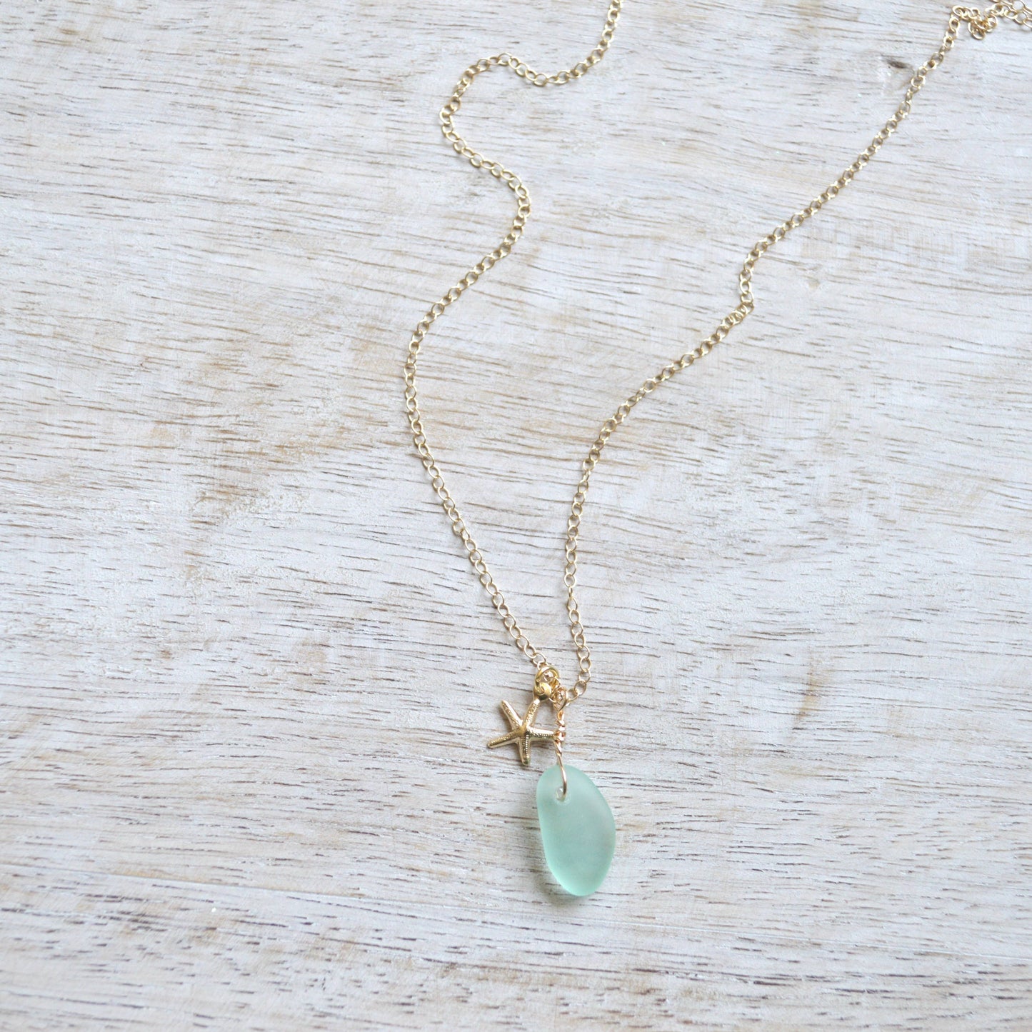 Tiny Frosted Glass & Starfish Necklace in Gold