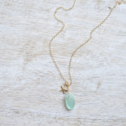 Tiny Frosted Glass & Starfish Necklace in Gold