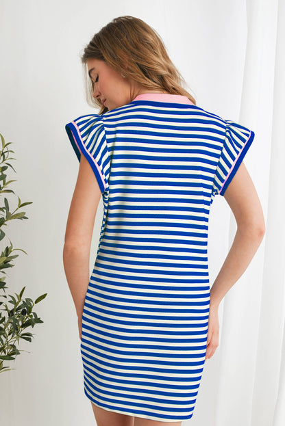 Contrast Striped Ruffle Short Sleeve Dress | S-XL Plus 1X-4X