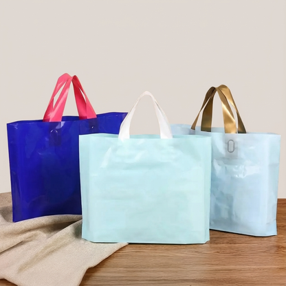 50pcs, 3 sizes light Blue PVC gift bag with Gold handle