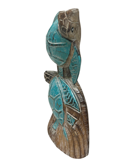 SEA TURTLE DOUBLE HAND CARVED WOODEN NAUTICAL ART
