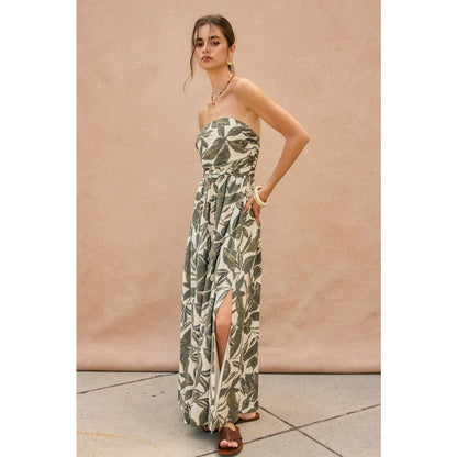 Swaying Palms Strapless Ruched Maxi Dress