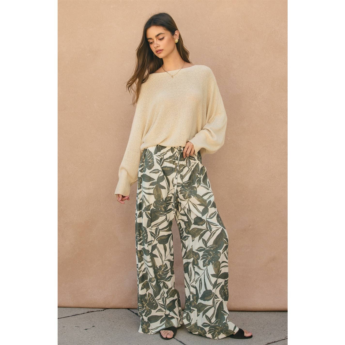 Swaying Palms Button Fly Wide Leg Pants