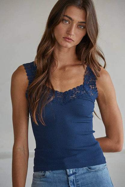 S1217N | Knit Seamless Ribbed Tank Top with Lace Trim