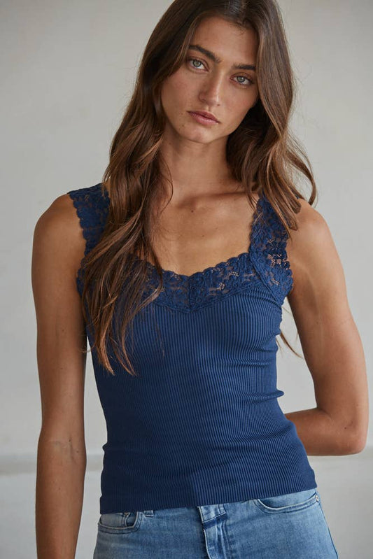 S1217N | Knit Seamless Ribbed Tank Top with Lace Trim