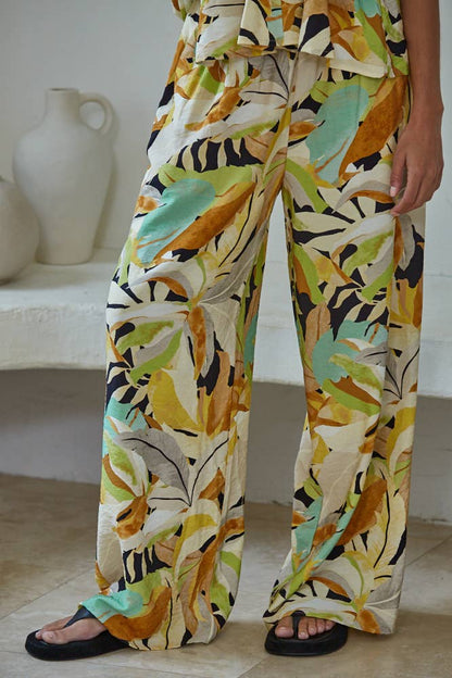 L9627B | Woven Rayon Nylon Print Detail Wide Leg Pants