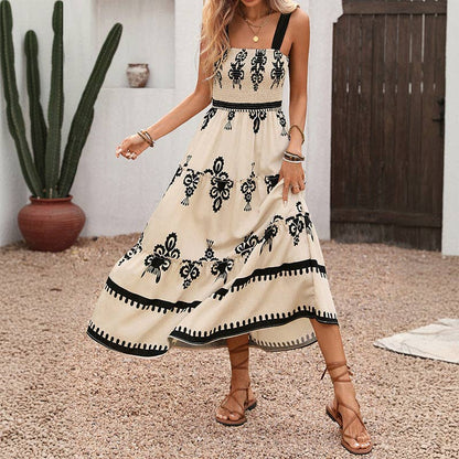 Boho Print Smocked Square Neck Midi Maxi Dress
