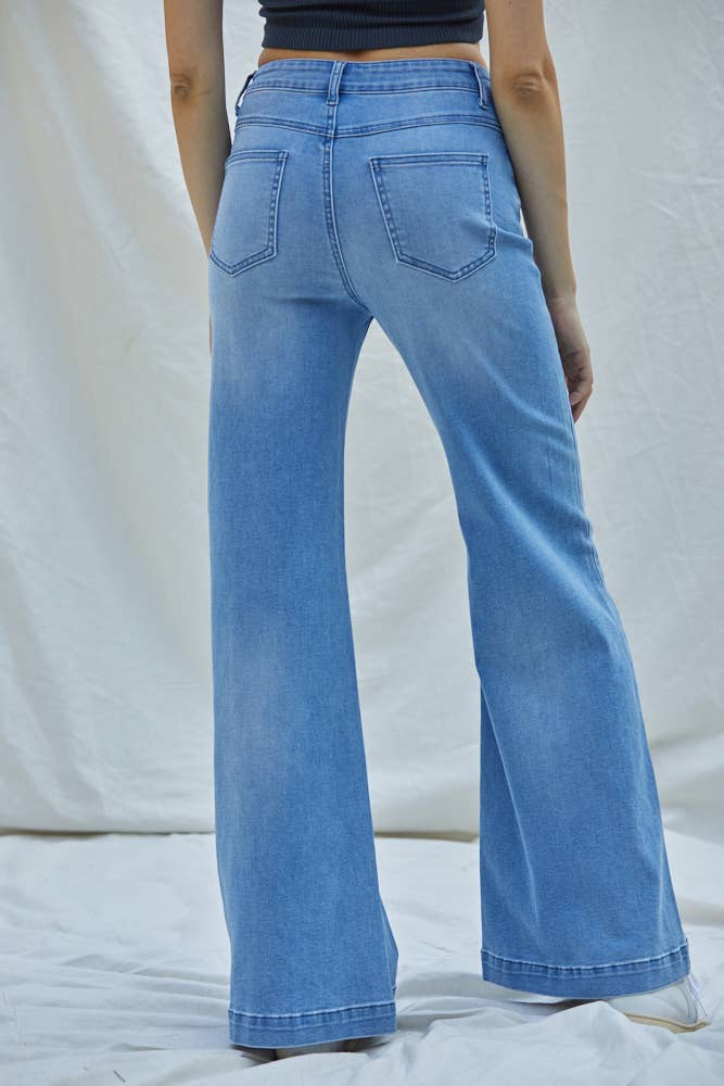 BD244 | Woven Denim Wide Leg High Rise Medium Wash Pants