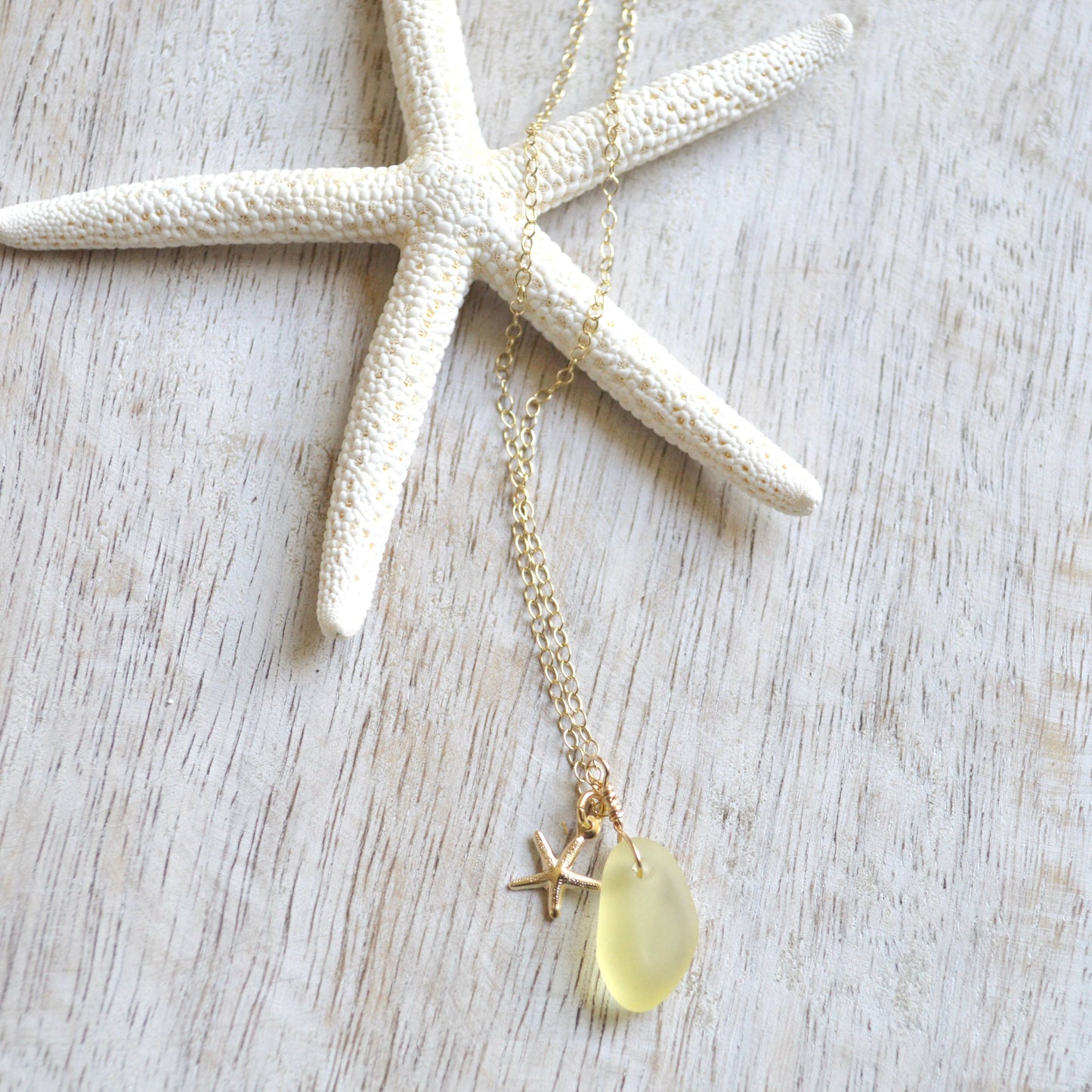 Tiny Frosted Glass & Starfish Necklace in Gold