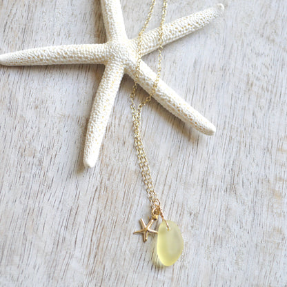 Tiny Frosted Glass & Starfish Necklace in Gold