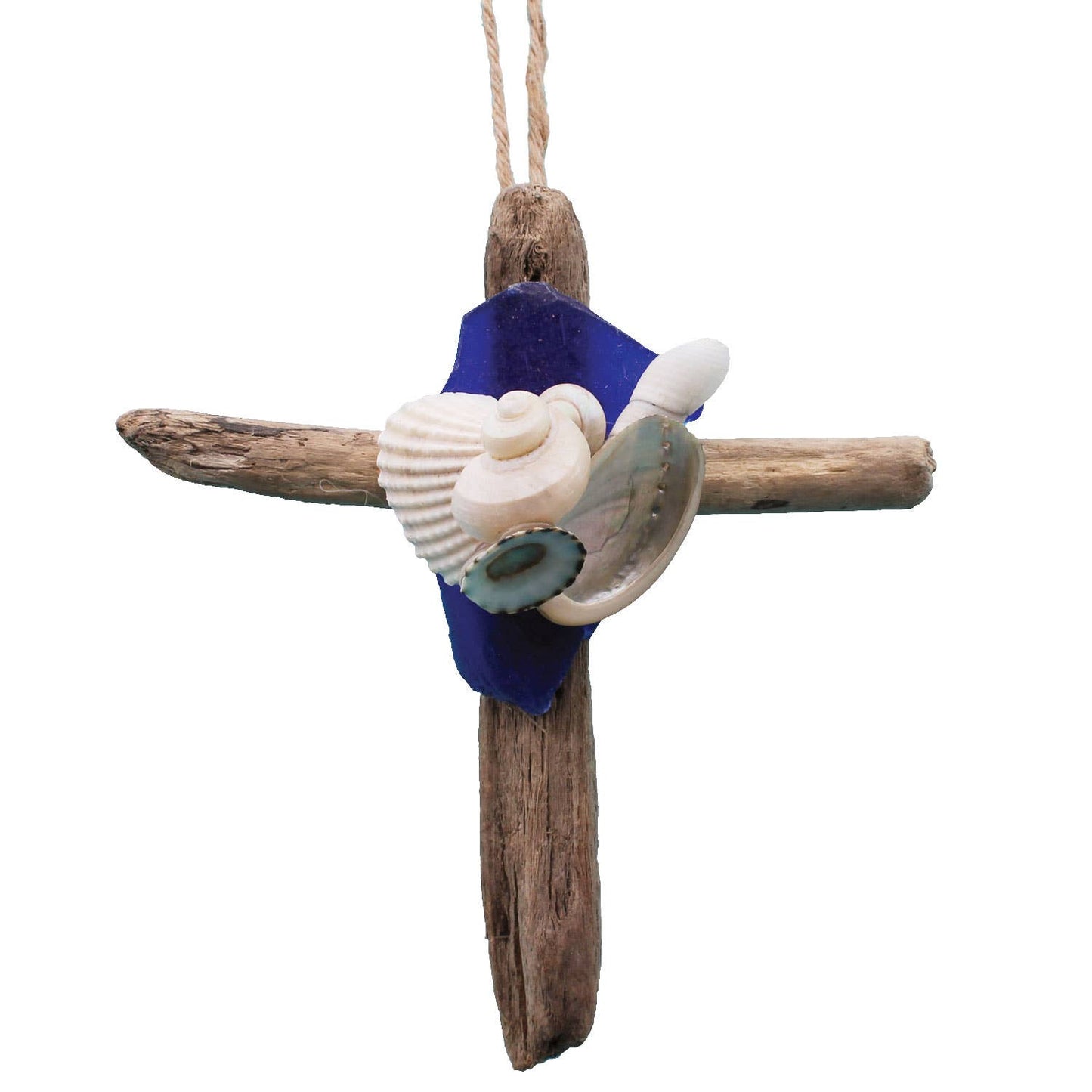 Driftwood Cross Ornament with Sea Glass