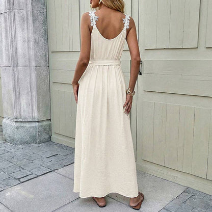 Lace Strap Tie Waist Side Slit Maxi Dress for Women