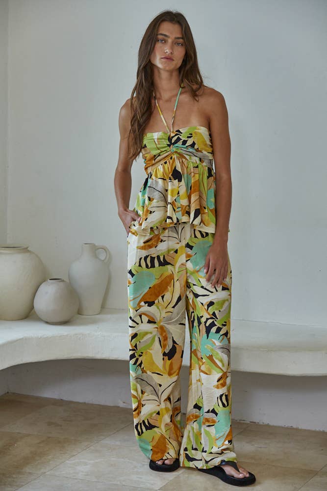 L9627B | Woven Rayon Nylon Print Detail Wide Leg Pants