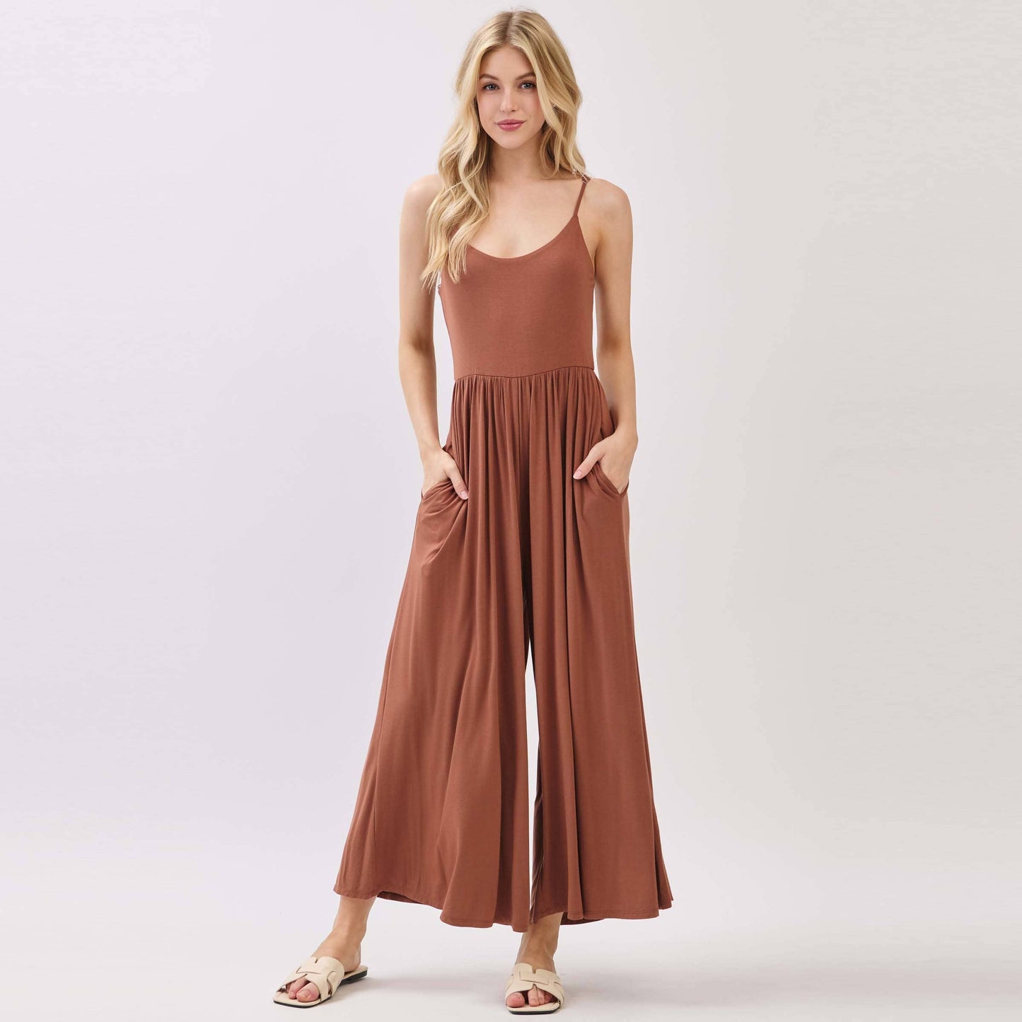 Flare Wide Leg Jumpsuit W/ Adjustable Strap - VJU60179