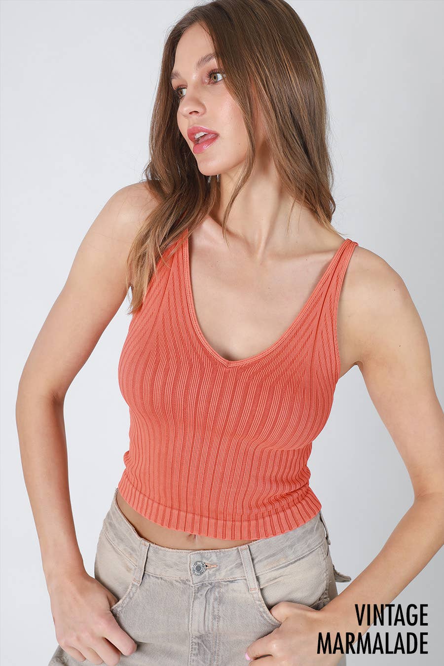 NS8257 - Vintage Wide Ribbed V Neck Top