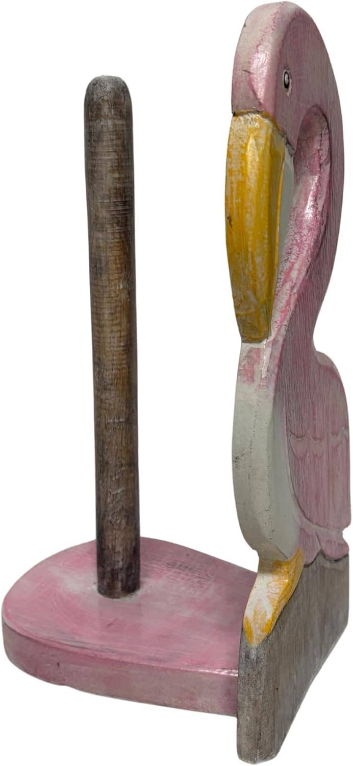 Hand Carved Flamingo Bird Paper Towel Holder Wood Carving