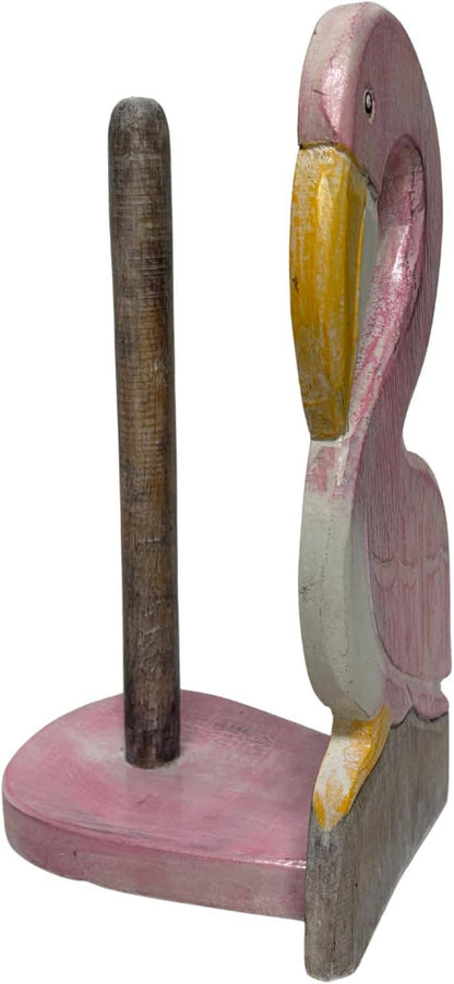 Hand Carved Flamingo Bird Paper Towel Holder Wood Carving