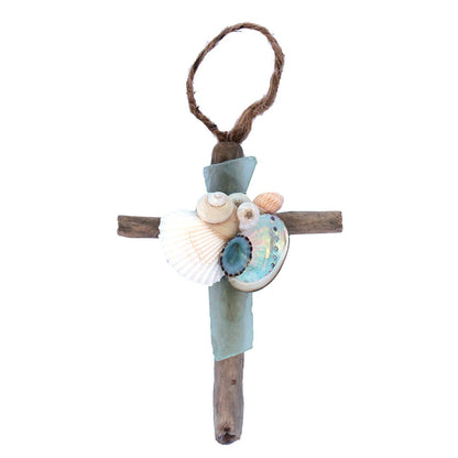 Driftwood Cross Ornament with Sea Glass