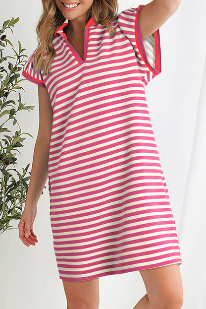 Contrast Striped Ruffle Short Sleeve Dress | S-XL Plus 1X-4X