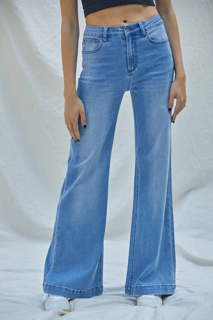 BD244 | Woven Denim Wide Leg High Rise Medium Wash Pants