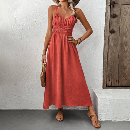 2025 Summer New Sleeveless Halter Textured Pleated Casual Dresses