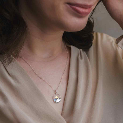 Sterling Silver Mountain Necklace with Bronze Sun