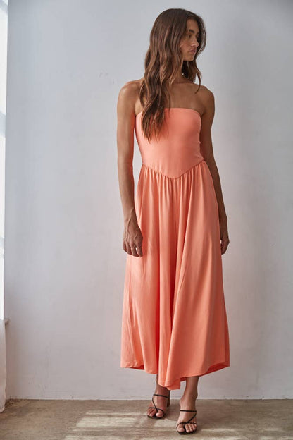 L9333 | Knit Polyester Spandex Tube Strapless Flare Jumpsuit