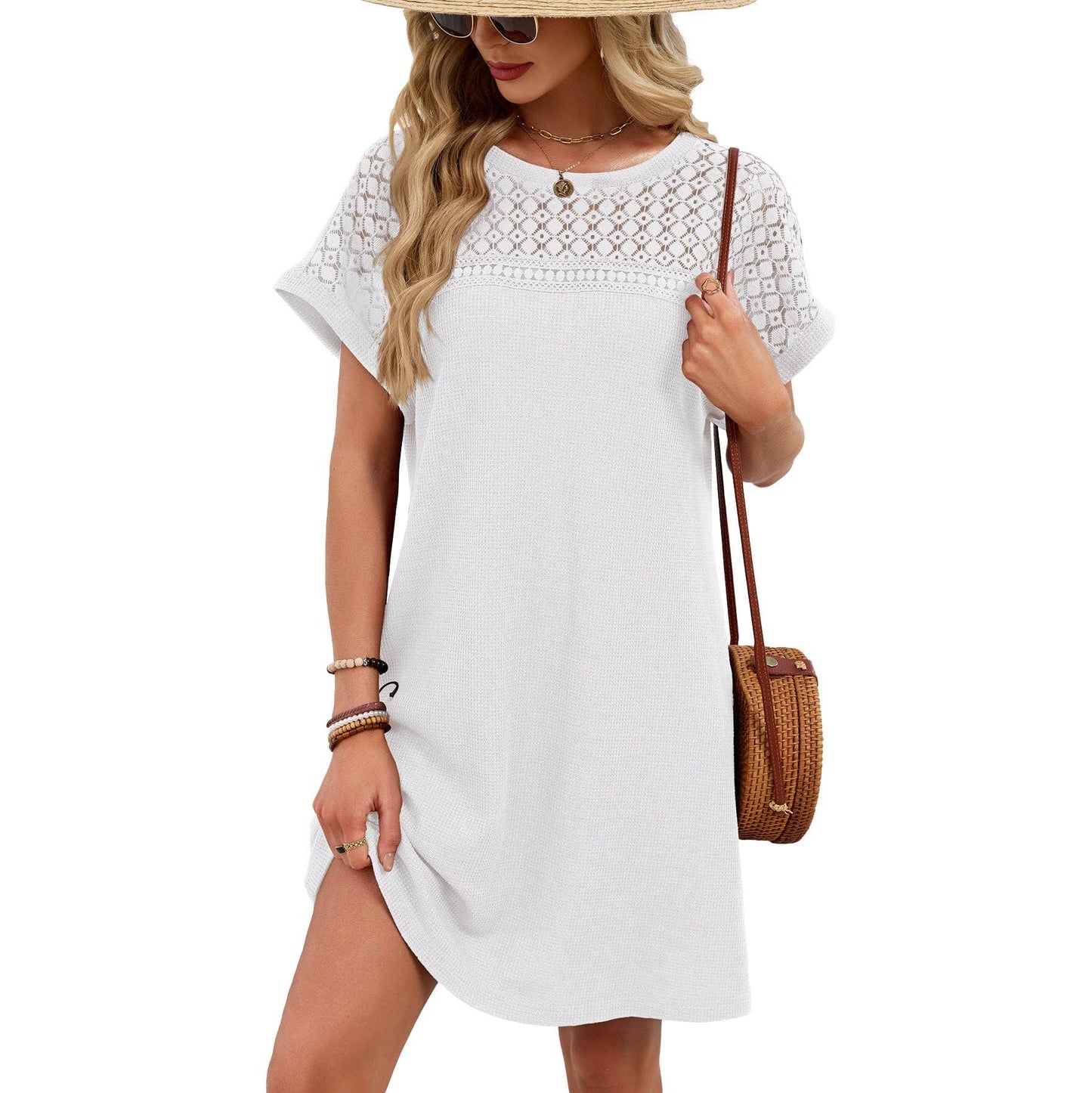 Lace Patchwork Casual Short Sleeve Loose Summer Dress