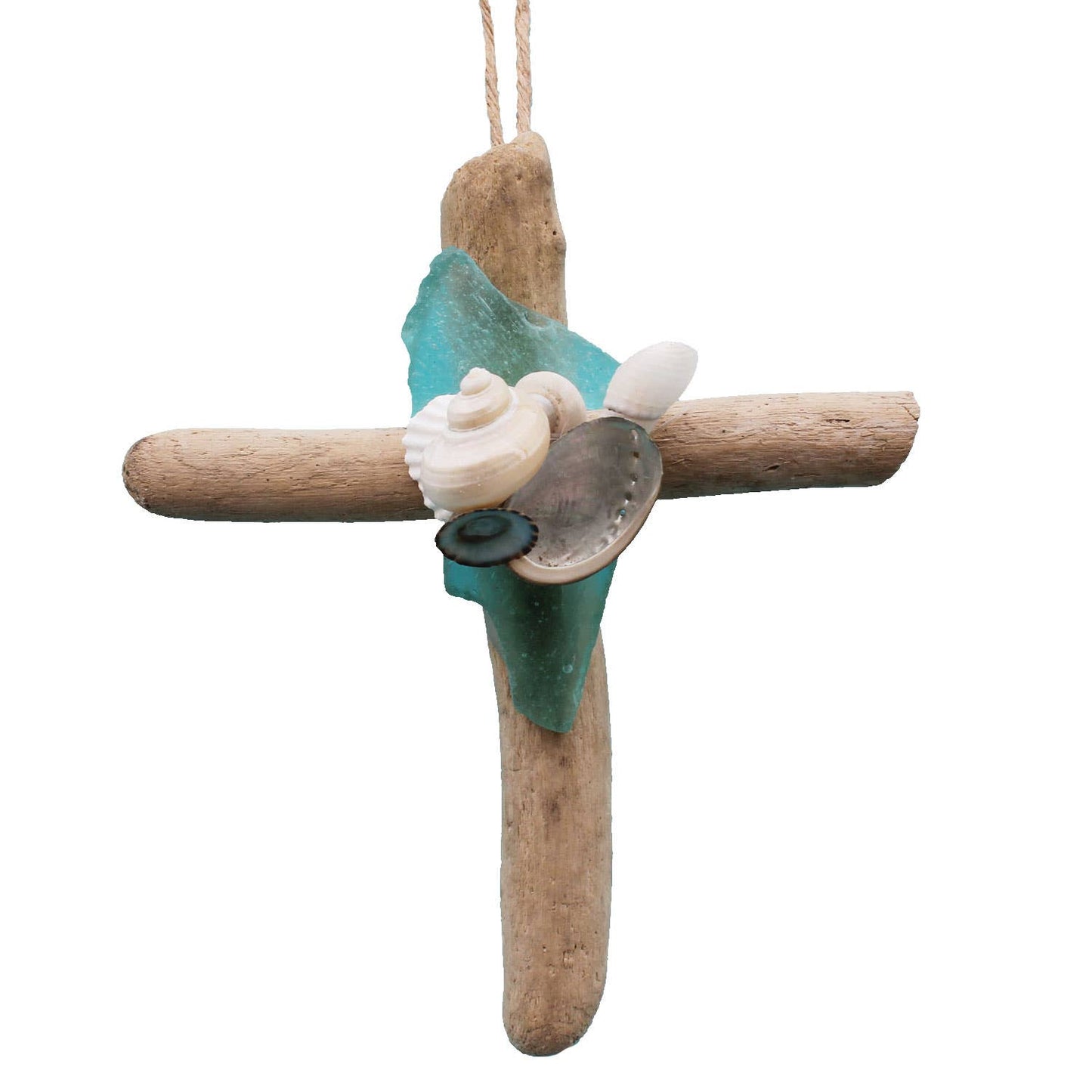 Driftwood Cross Ornament with Sea Glass