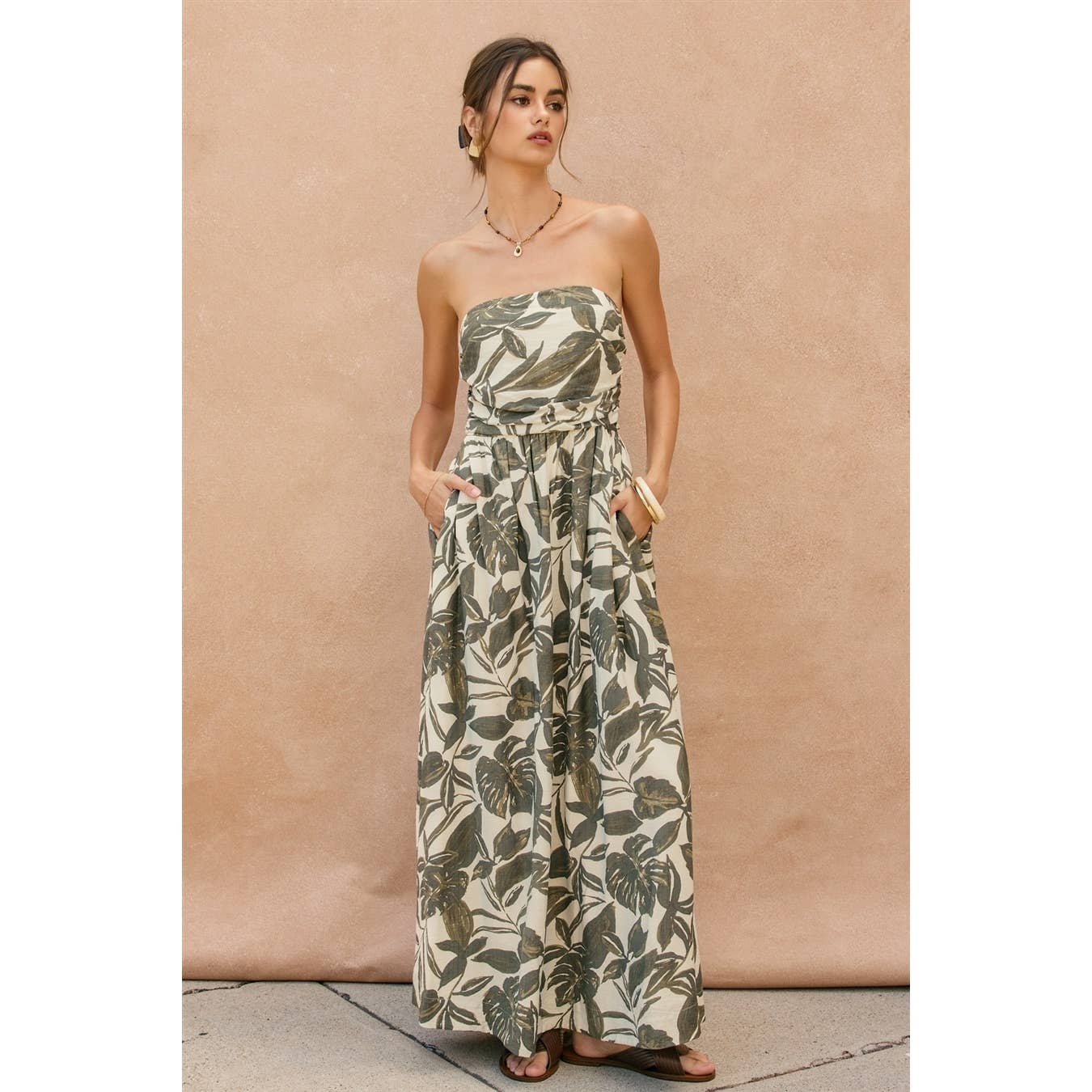Swaying Palms Strapless Ruched Maxi Dress
