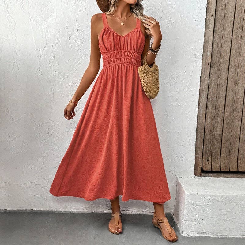 2025 Summer New Sleeveless Halter Textured Pleated Casual Dresses