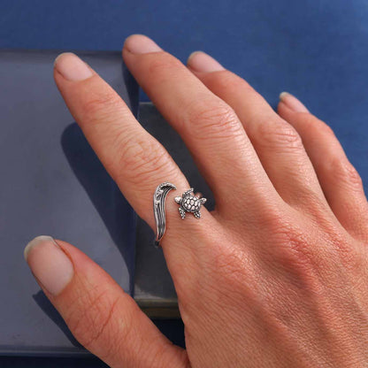 Sterling Silver or Bronze Sea Turtle & Wave Adjustable Ring