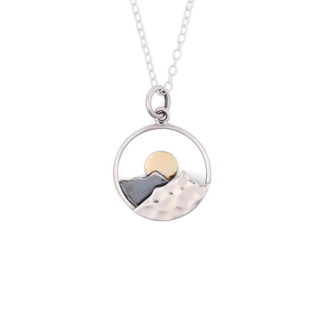 Sterling Silver Mountain Necklace with Bronze Sun