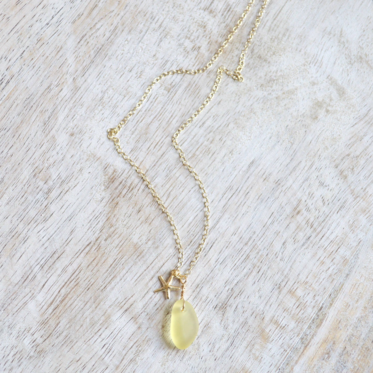 Tiny Frosted Glass & Starfish Necklace in Gold