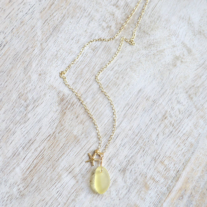 Tiny Frosted Glass & Starfish Necklace in Gold