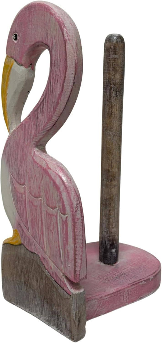 Hand Carved Flamingo Bird Paper Towel Holder Wood Carving