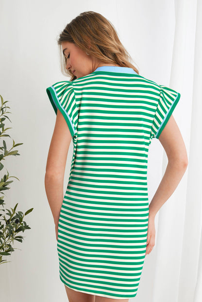 Contrast Striped Ruffle Short Sleeve Dress | S-XL Plus 1X-4X