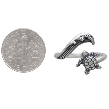 Sterling Silver or Bronze Sea Turtle & Wave Adjustable Ring
