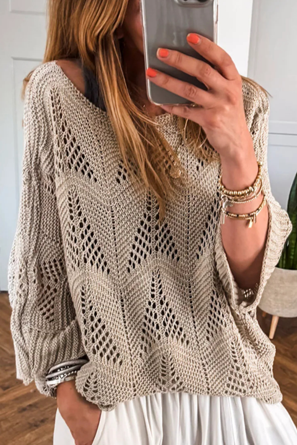 Hollow Out Knit 3/4 Sleeve Casual Sweater