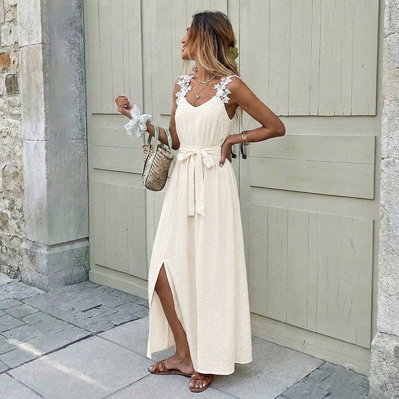Lace Strap Tie Waist Side Slit Maxi Dress for Women